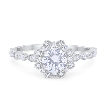 Art Deco Floral Style Engagemnet Ring Round Simulated CZ 925 Sterling Silver
